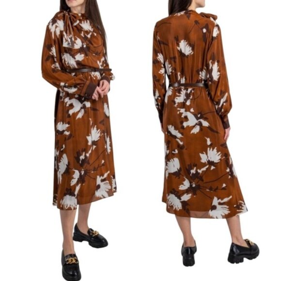 MaxMara Studio 100% SILK Floral Neck Tie Midi Dress Brown No Size Tag L / XL - Picture 2 of 14